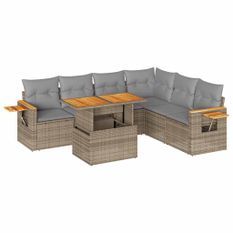 Salon de jardin 6 pcs avec coussins beige résine tressée acacia