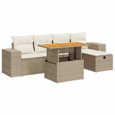 Salon de jardin 6 pcs avec coussins beige résine tressée acacia