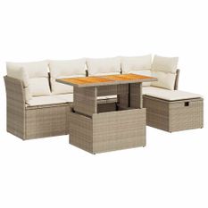 Salon de jardin 6 pcs avec coussins beige résine tressée acacia