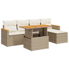 Salon de jardin 6 pcs avec coussins beige résine tressée acacia