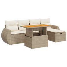 Salon de jardin 6 pcs avec coussins beige résine tressée acacia