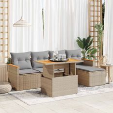 Salon de jardin 6 pcs avec coussins beige résine tressée acacia