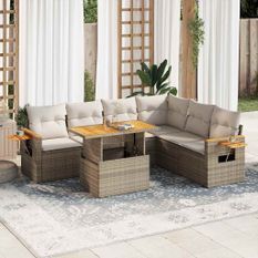 Salon de jardin 6 pcs avec coussins beige résine tressée acacia