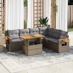 Salon de jardin 6 pcs avec coussins beige résine tressée acacia