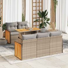 Salon de jardin 6 pcs avec coussins beige résine tressée acacia