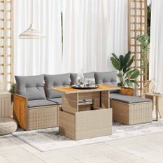 Salon de jardin 6 pcs avec coussins beige résine tressée acacia