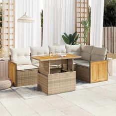 Salon de jardin 6 pcs avec coussins beige résine tressée acacia