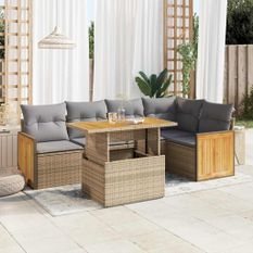 Salon de jardin 6 pcs avec coussins beige résine tressée acacia