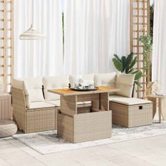 Salon de jardin 6 pcs avec coussins beige résine tressée acacia