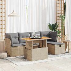 Salon de jardin 6 pcs avec coussins beige résine tressée acacia