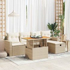 Salon de jardin 6 pcs avec coussins beige résine tressée acacia