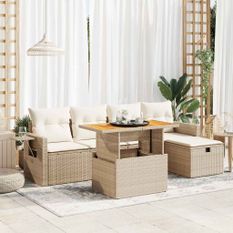 Salon de jardin 6 pcs avec coussins beige résine tressée acacia