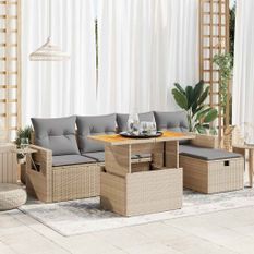 Salon de jardin 6 pcs avec coussins beige résine tressée acacia