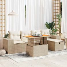 Salon de jardin 6 pcs avec coussins beige résine tressée acacia