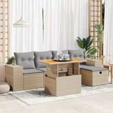 Salon de jardin 6 pcs avec coussins beige résine tressée acacia