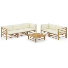 Salon de jardin 6 pcs avec coussins blanc crème Bambou 3
