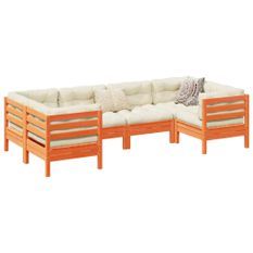 Salon de jardin 6 pcs avec coussins cire marron bois pin massif