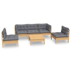 Salon de jardin 6 pcs avec coussins gris Bois de pin massif 2