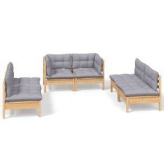 Salon de jardin 6 pcs avec coussins gris Bois de pin massif