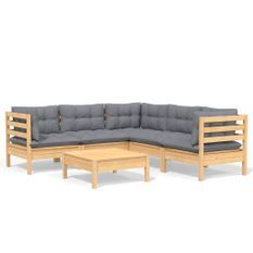 Salon de jardin 6 pcs avec coussins gris Bois de pin solide
