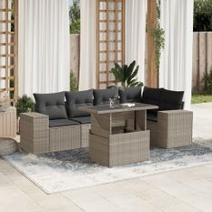 Salon de jardin 6 pcs avec coussins gris clair résine tressée