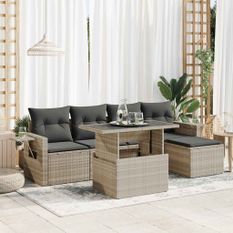 Salon de jardin 6 pcs avec coussins gris clair résine tressée