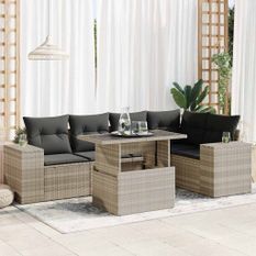 Salon de jardin 6 pcs avec coussins gris clair résine tressée