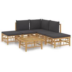 Salon de jardin 6 pcs avec coussins gris foncé bambou