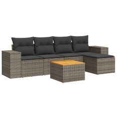 Salon de jardin 6 pcs avec coussins gris résine tressée