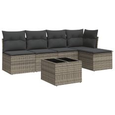 Salon de jardin 6 pcs avec coussins gris résine tressée