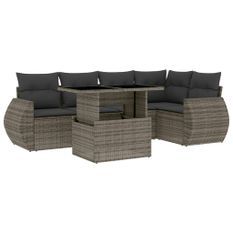 Salon de jardin 6 pcs avec coussins gris résine tressée