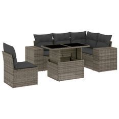 Salon de jardin 6 pcs avec coussins gris résine tressée