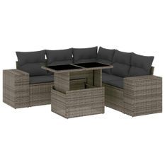 Salon de jardin 6 pcs avec coussins gris résine tressée