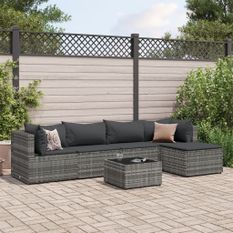 Salon de jardin 6 pcs avec coussins Gris Résine tressée