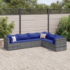 Salon de jardin 6 pcs avec coussins Gris Résine tressée