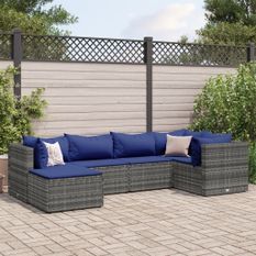 Salon de jardin 6 pcs avec coussins Gris Résine tressée