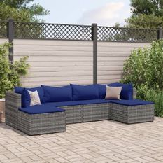 Salon de jardin 6 pcs avec coussins Gris Résine tressée