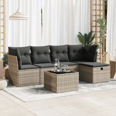 Salon de jardin 6 pcs avec coussins gris résine tressée