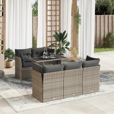 Salon de jardin 6 pcs avec coussins gris résine tressée