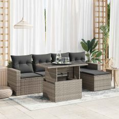 Salon de jardin 6 pcs avec coussins gris résine tressée