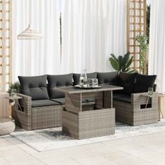 Salon de jardin 6 pcs avec coussins gris résine tressée