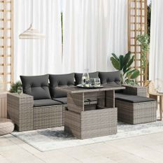 Salon de jardin 6 pcs avec coussins gris résine tressée