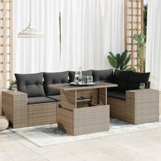 Salon de jardin 6 pcs avec coussins gris résine tressée