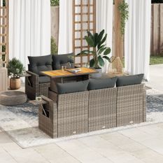 Salon de jardin 6 pcs avec coussins gris résine tressée