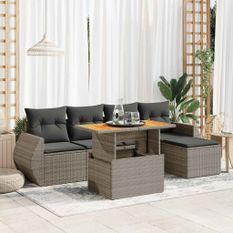 Salon de jardin 6 pcs avec coussins gris résine tressée