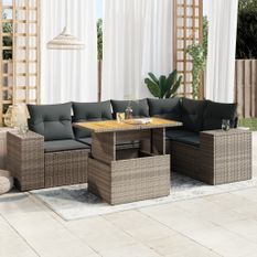 Salon de jardin 6 pcs avec coussins gris résine tressée