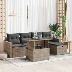 Salon de jardin 6 pcs avec coussins gris résine tressée