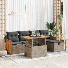 Salon de jardin 6 pcs avec coussins gris résine tressée