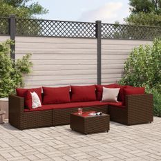 Salon de jardin 6 pcs avec coussins Marron Résine tressée