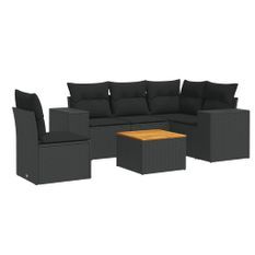 Salon de jardin 6 pcs avec coussins noir résine tressée